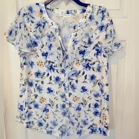 NWOT Perseption Concept Blue Floral Knit Top With Chiffon Ruffle on front - Picture 1 of 6